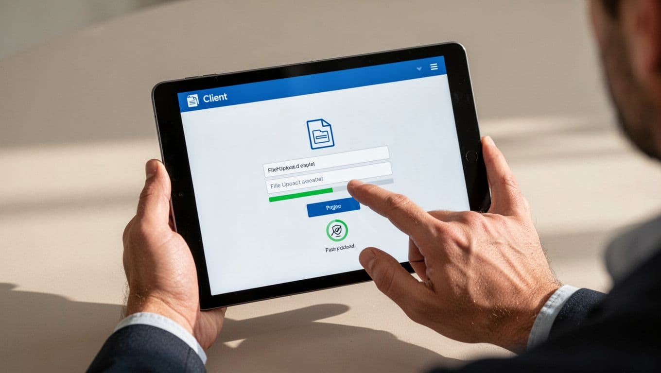 Modern illustration showing a branded client portal with file upload form, progress bar, and security badge on a tablet held by a user with two relaxed hands, neutral background, clean shapes in soft professional colors.