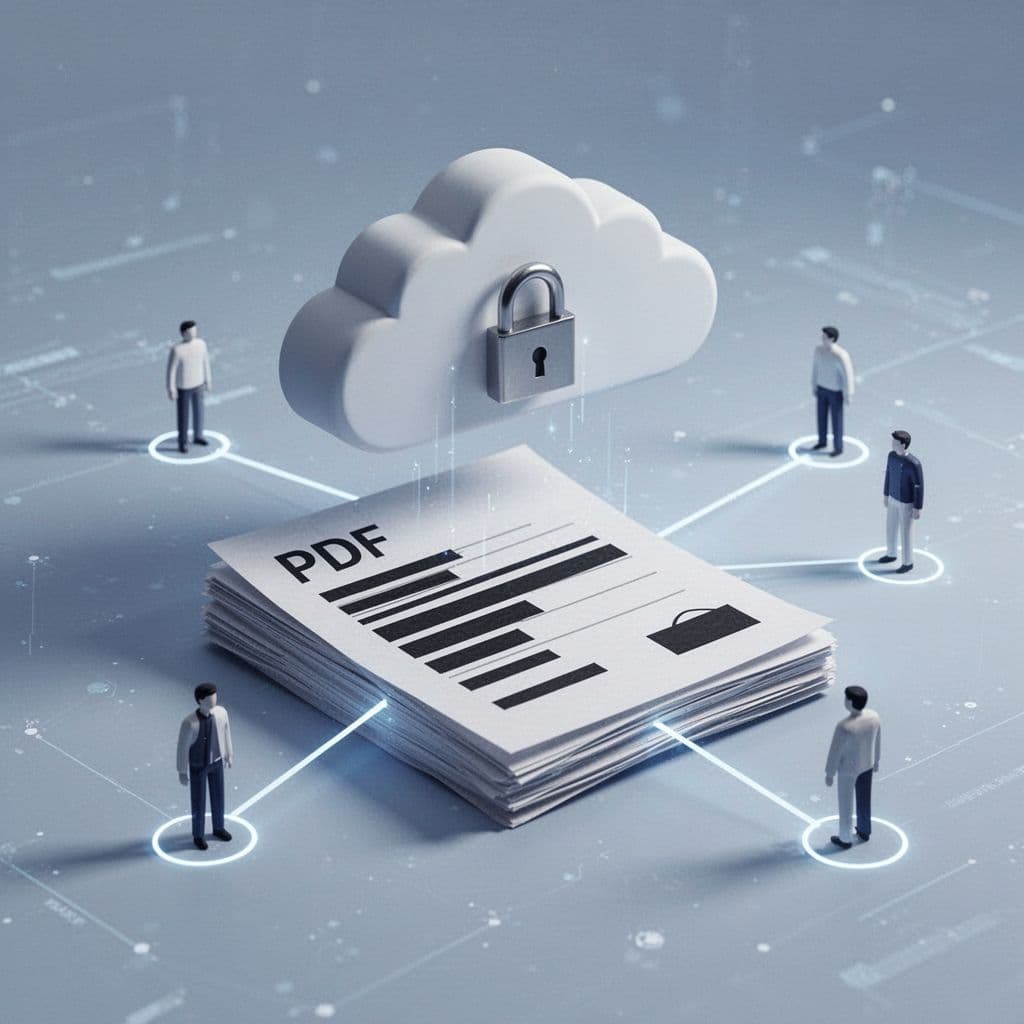 Modern minimal illustration of a secure cloud icon with lock and redacted PDF files floating in digital space, connected by lines to small team icons, emphasizing security and collaboration for small teams in blue-white palette.
