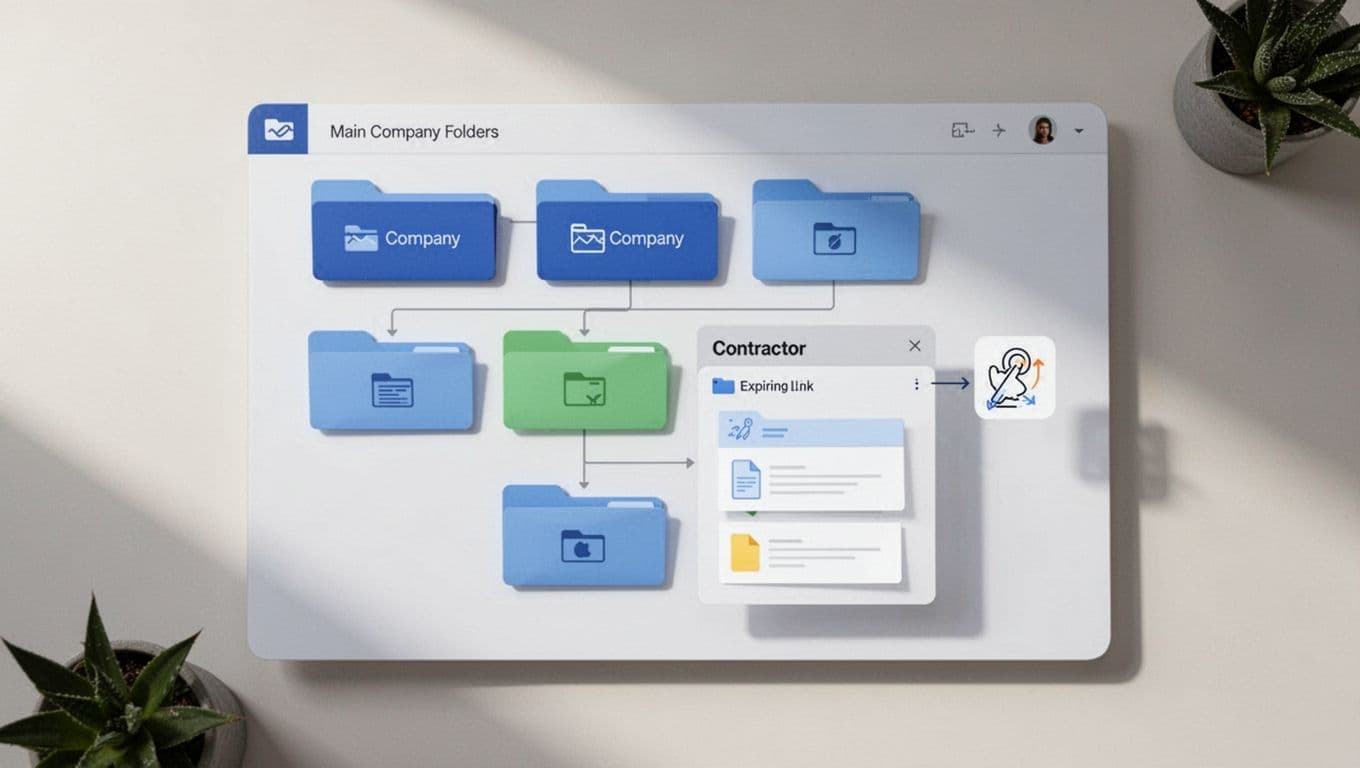 Modern minimalist illustration of a nested folder structure in a file sharing app, showing locked main company folders and an open contractor subfolder with restricted files, expiring link, and watermark icons, viewed from above on a desk in blues and greens.