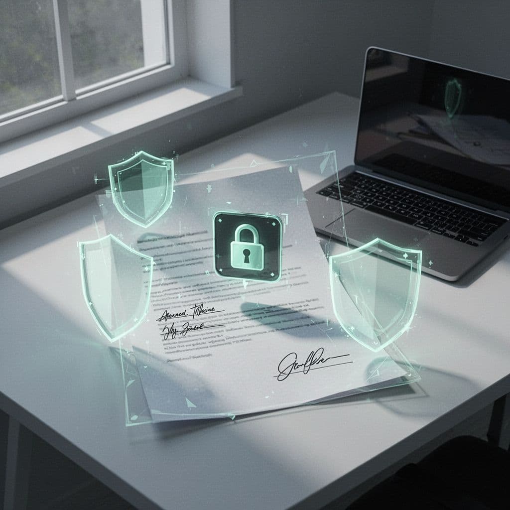 Modern minimalist illustration of a secure digital lock on a document with signature icons and compliance shield symbols, beside a laptop in controlled green and blue tones.