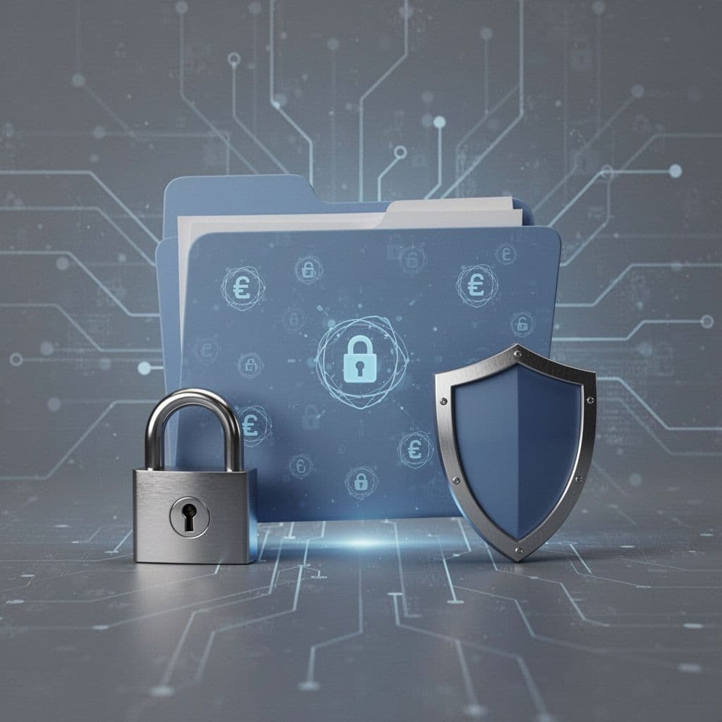 Modern illustration of a locked folder with encryption symbols, padlock, and shield icons on a digital background with faint network lines. Emphasizes secure file sharing with clean shapes, controlled colors, and strong centered composition, no people, text, watermarks, or logos.