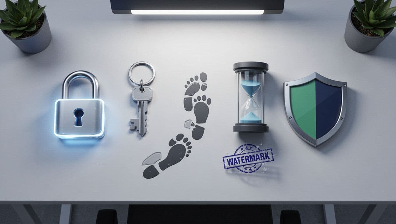 Clean desk surface with icons for secure file sharing: glowing padlock, keyring, hourglass, footprint trail, watermark stamp, and shield in modern blue-gray-green illustration.
