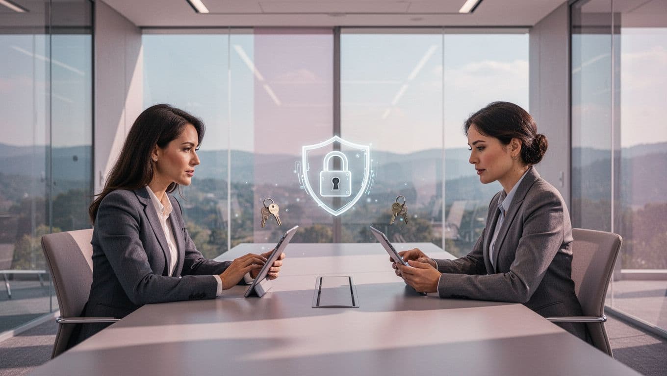 Modern illustration of a secure locked podcast feed icon with keys and subscribers accessing via private link, featuring an abstract business team of two people listening on devices in a conference room.