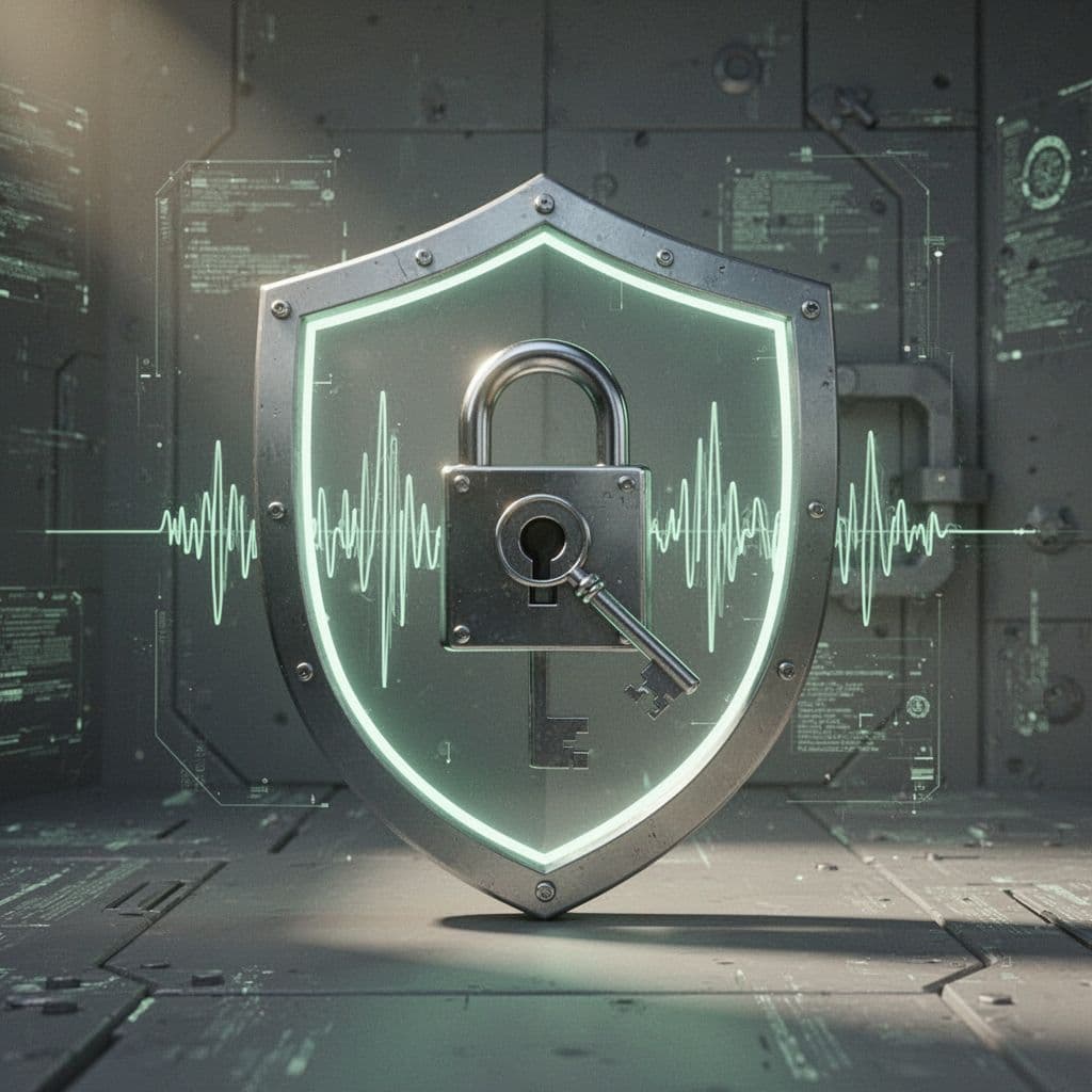 Modern illustration of a secure locked podcast feed icon with key and RSS symbol protected by a shield in an abstract digital vault with audio waveforms, using greens and grays for security theme.