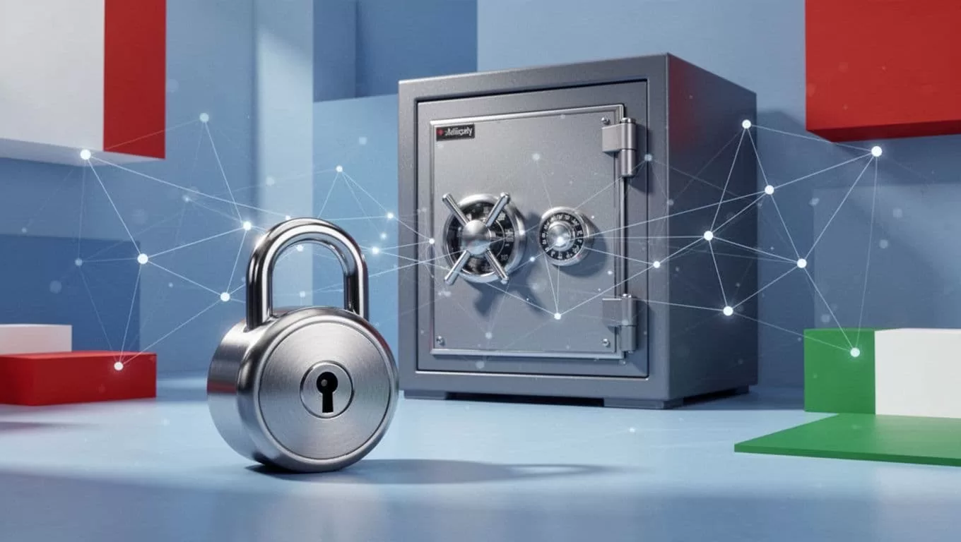 Locked digital vault with money symbols and Mexico flag elements, padlock in foreground, subtle US-Mexico network lines.