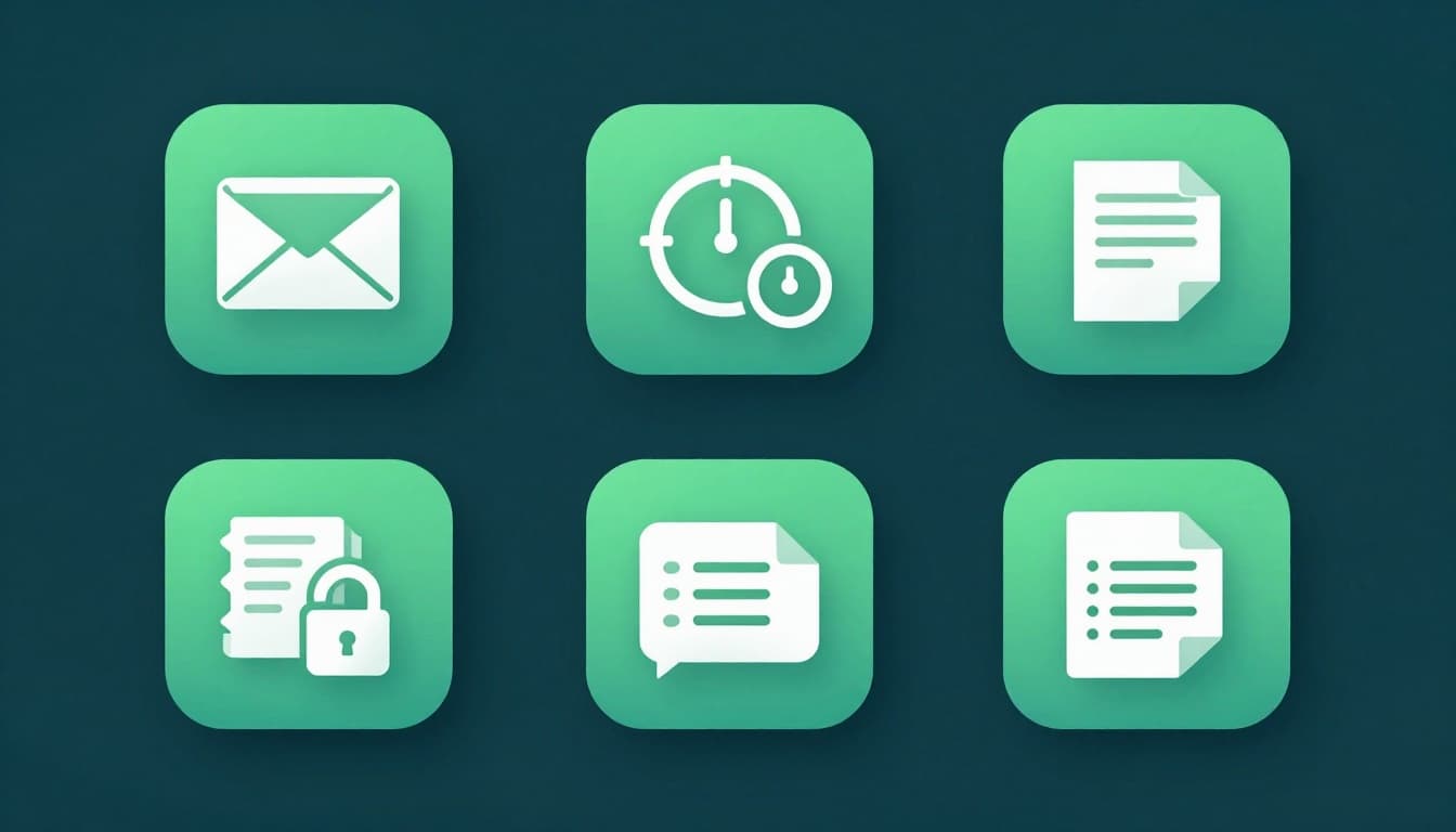 Modern centered illustration of key security icons for safe PDF sharing, featuring strong password generation, separate email channels, and expiration timers, with checklist elements on a clean background using green and blue tones.