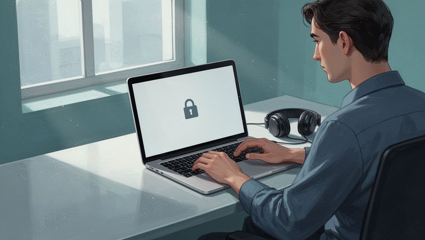 Person at desk with laptop showing podcast dashboard and secure lock icon, headphones nearby.