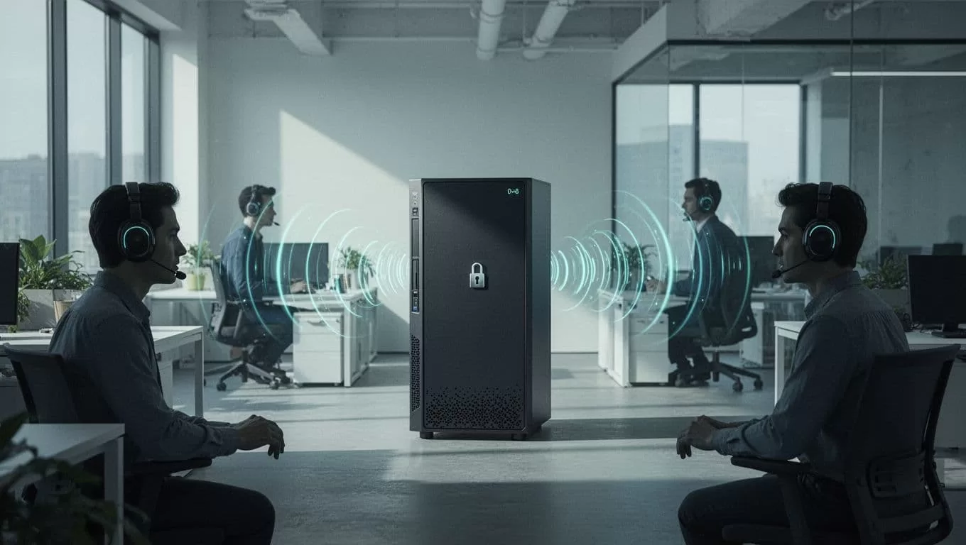 Central server with padlock icon distributes unique locked feeds to three employee silhouettes wearing headphones in modern office.