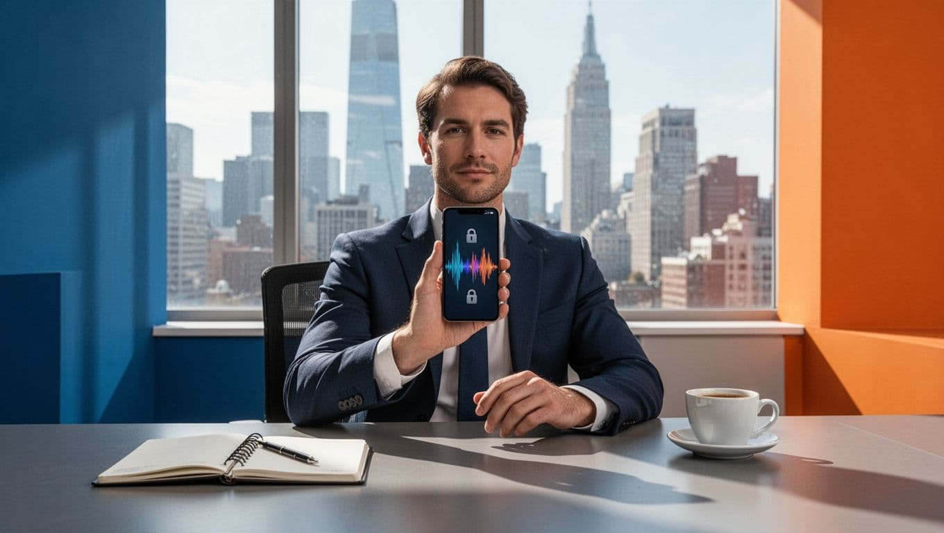 Executive at modern office desk holds smartphone showing private podcast waveform with padlock, notebook, coffee, city skyline.