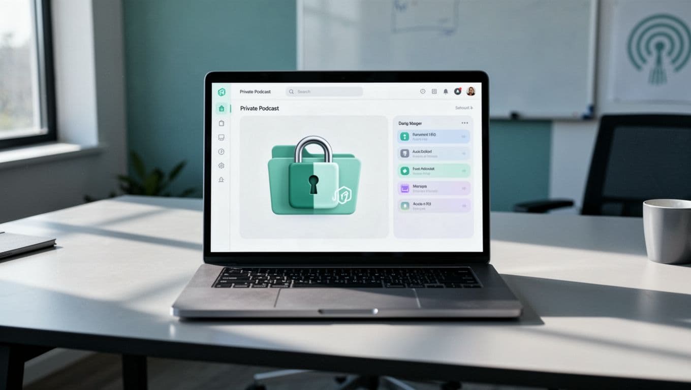 Modern illustration in clean blue-green tones showing a secure private podcast setup: locked folder icons protect audio files, agency dashboard displays subscriber lists and RSS feeds on a single laptop in a modern office.