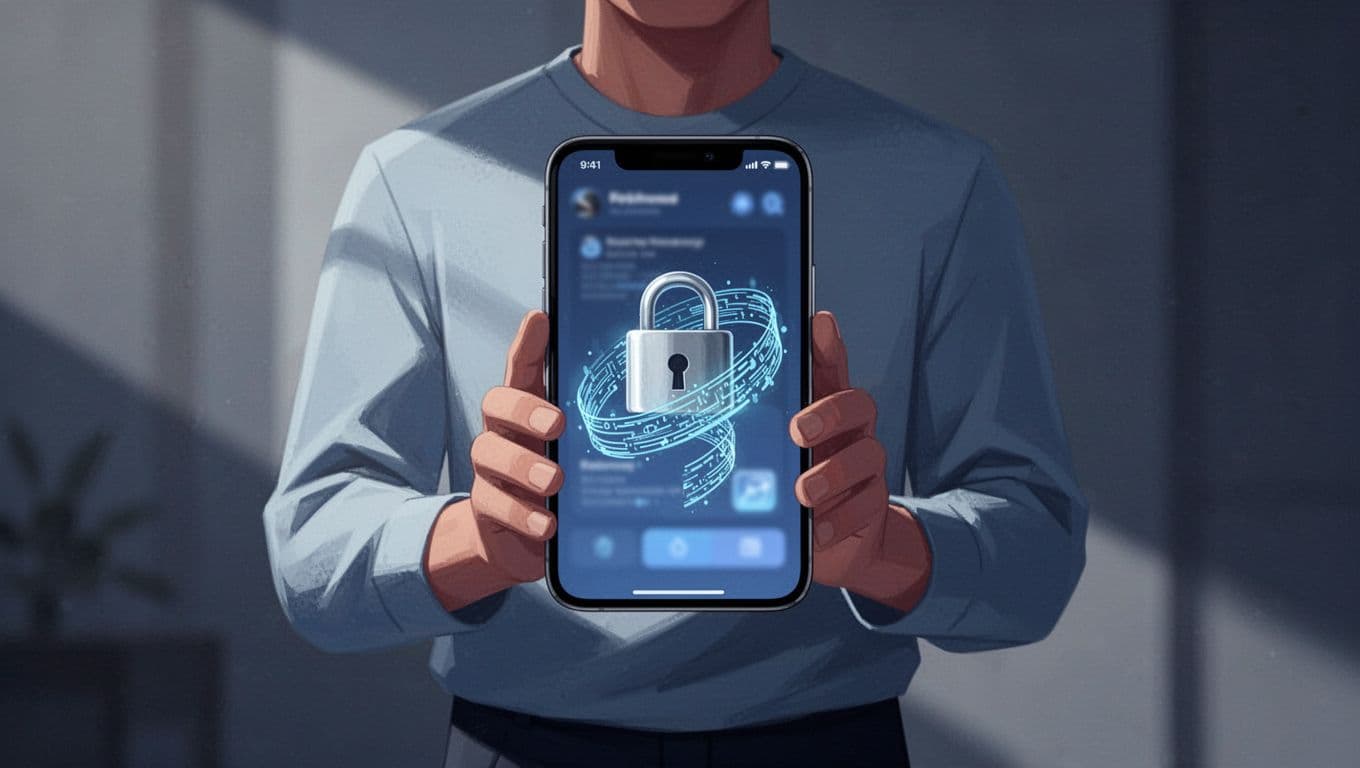 Phone screen shows lock icon next to RSS URL with blurred podcast app, held relaxed by one person.