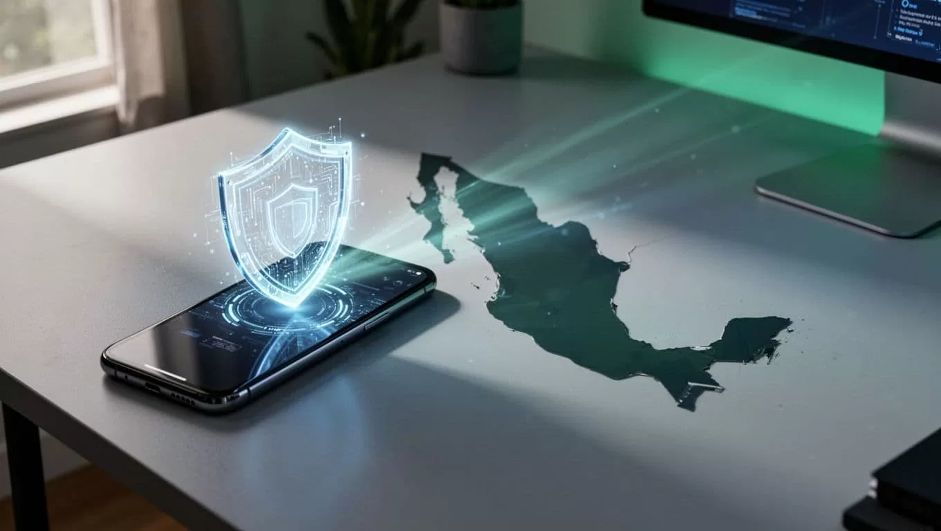 Smartphone with digital shield emits protected money beam to Mexico map silhouette on desk.