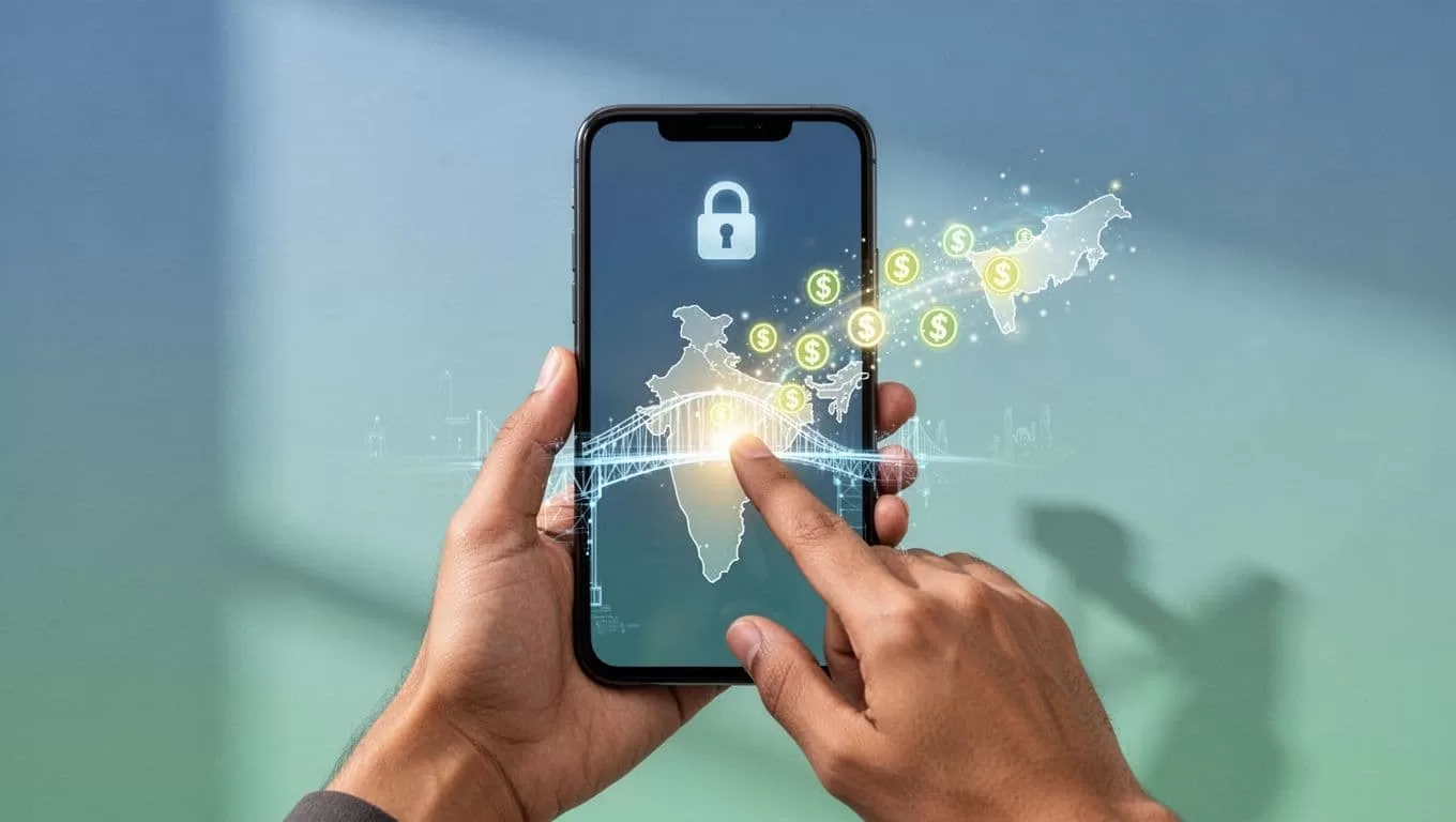 Person holds smartphone sending rupee symbols across digital bridge to India map with lock icon.