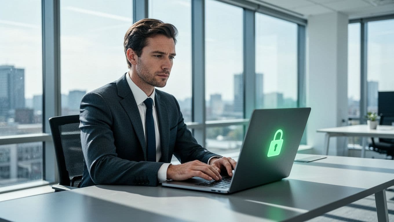 Modern illustration of a business professional at a desk in a bright office, viewing a laptop screen with a simplified secure team addition interface and glowing green padlock icon.