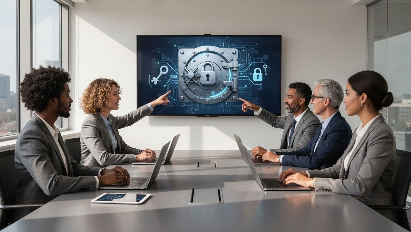 Modern illustration of a diverse team of five professionals in a contemporary office, collaborating around a large screen displaying a shared digital vault with password and lock icons.