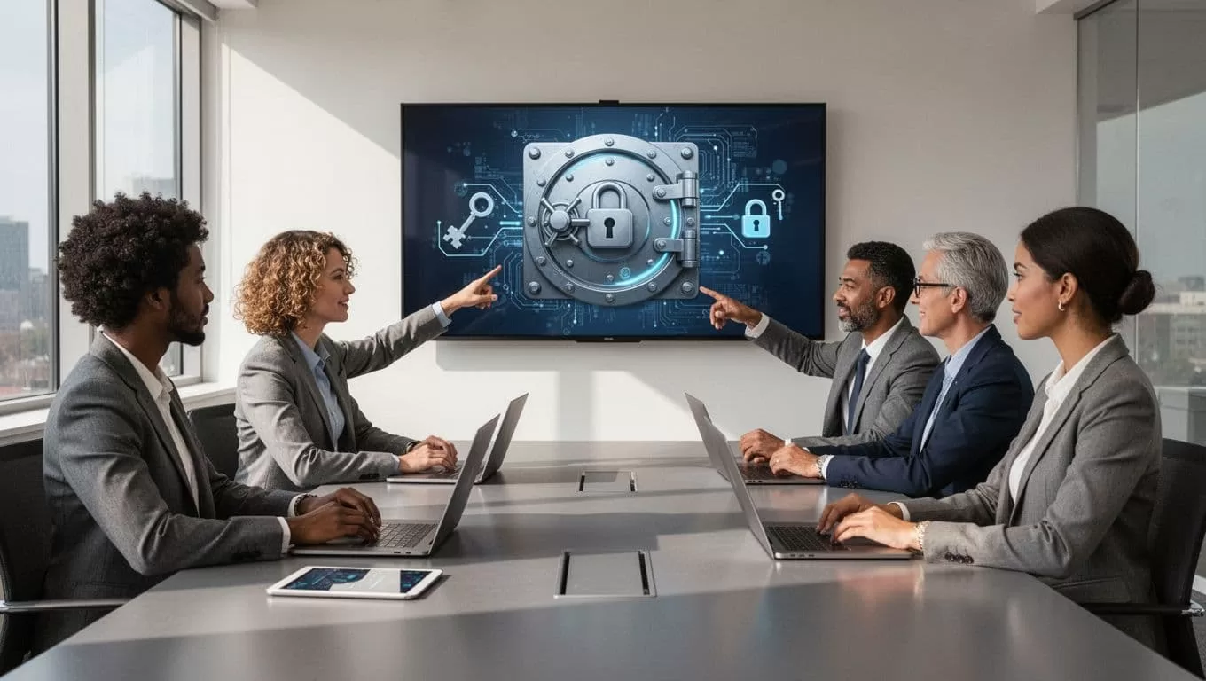Modern illustration of a diverse team of five professionals in a contemporary office, collaborating around a large screen displaying a shared digital vault with password and lock icons.