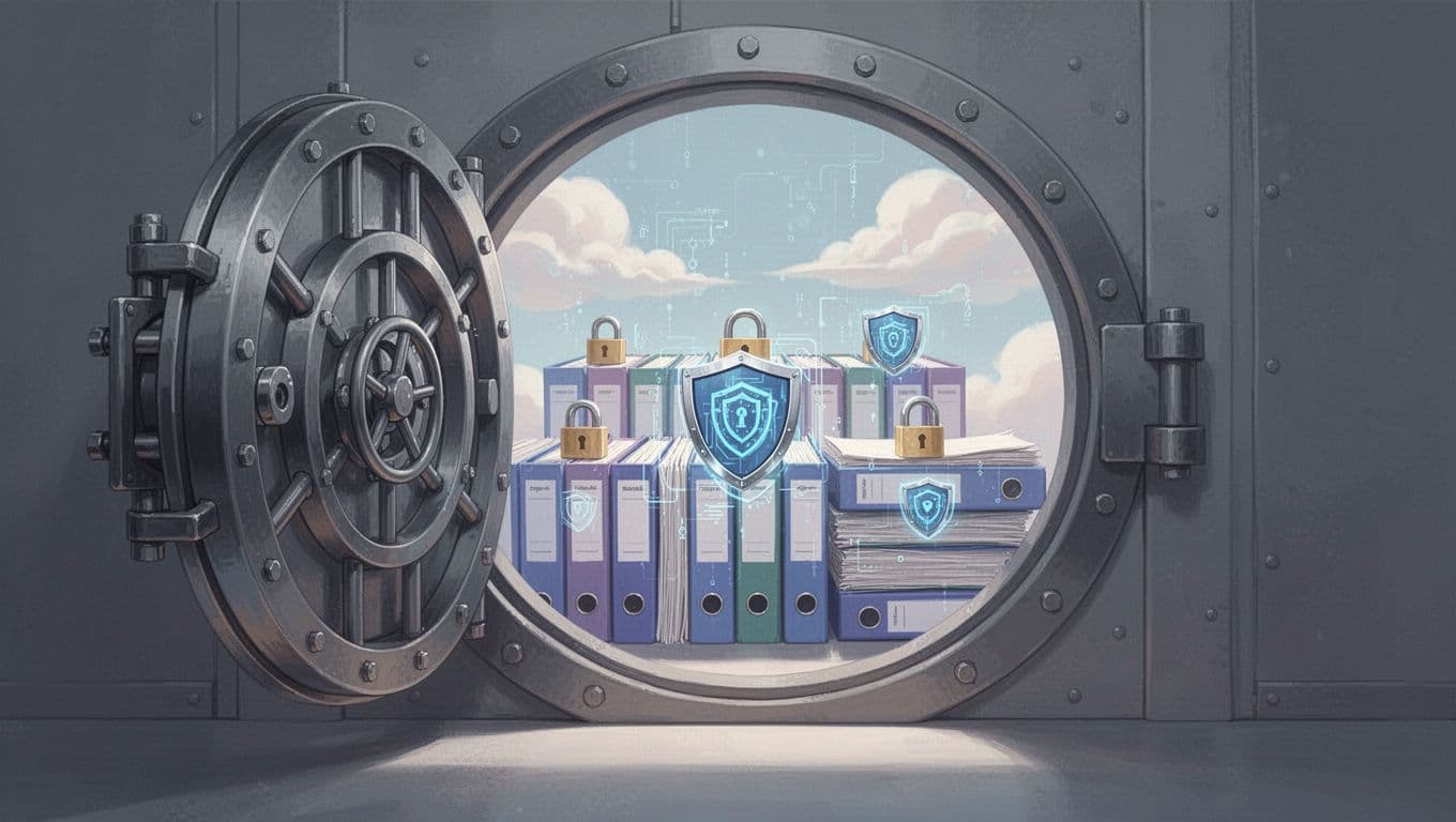 Modern illustration of a secure vault door opening to reveal organized file folders protected by locks and shields, symbolizing encryption and ransomware protection with digital clouds in the background.