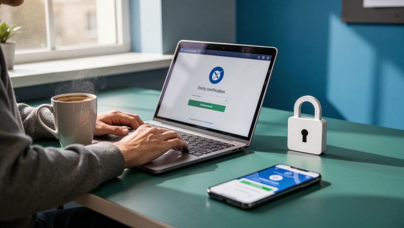 Illustration of secure email sharing of Wise payment details from a laptop with padlock icon, blurred phone confirmation, modern workspace with coffee mug and daylight window.