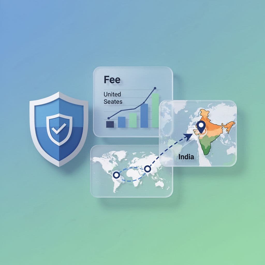 Icons of shield, transparent fee chart, and real-time map from US to India in blue-green tones.