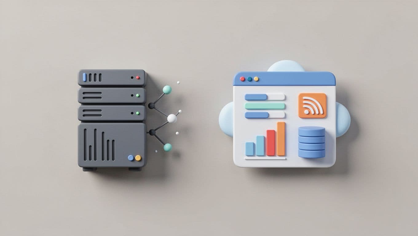 Side-by-side icons compare self-hosted server and cloud dashboard with podcast analytics graphs, RSS feeds, and storage symbols.