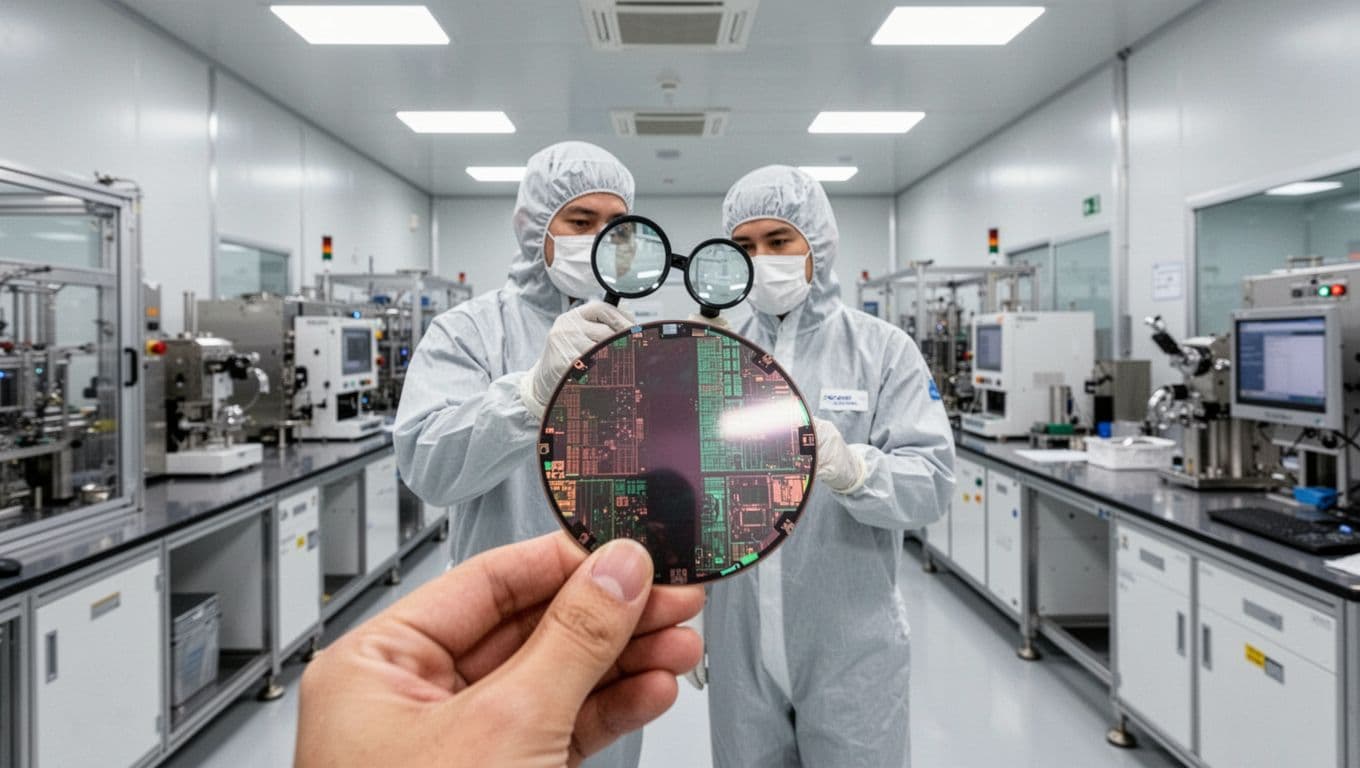 Modern illustration of a semiconductor fabrication cleanroom with workers in suits examining silicon wafers under magnification, rows of equipment in clean whites and silvers, soft overhead lighting, focus on wafer process.