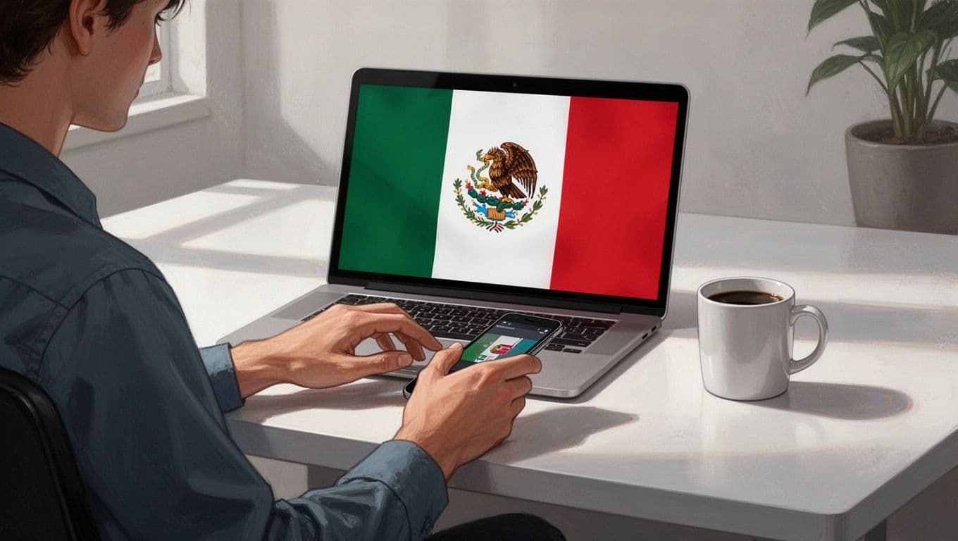 Person at desk taps phone app to send money transfer, subtle Mexico flag on screen, laptop and coffee mug nearby.