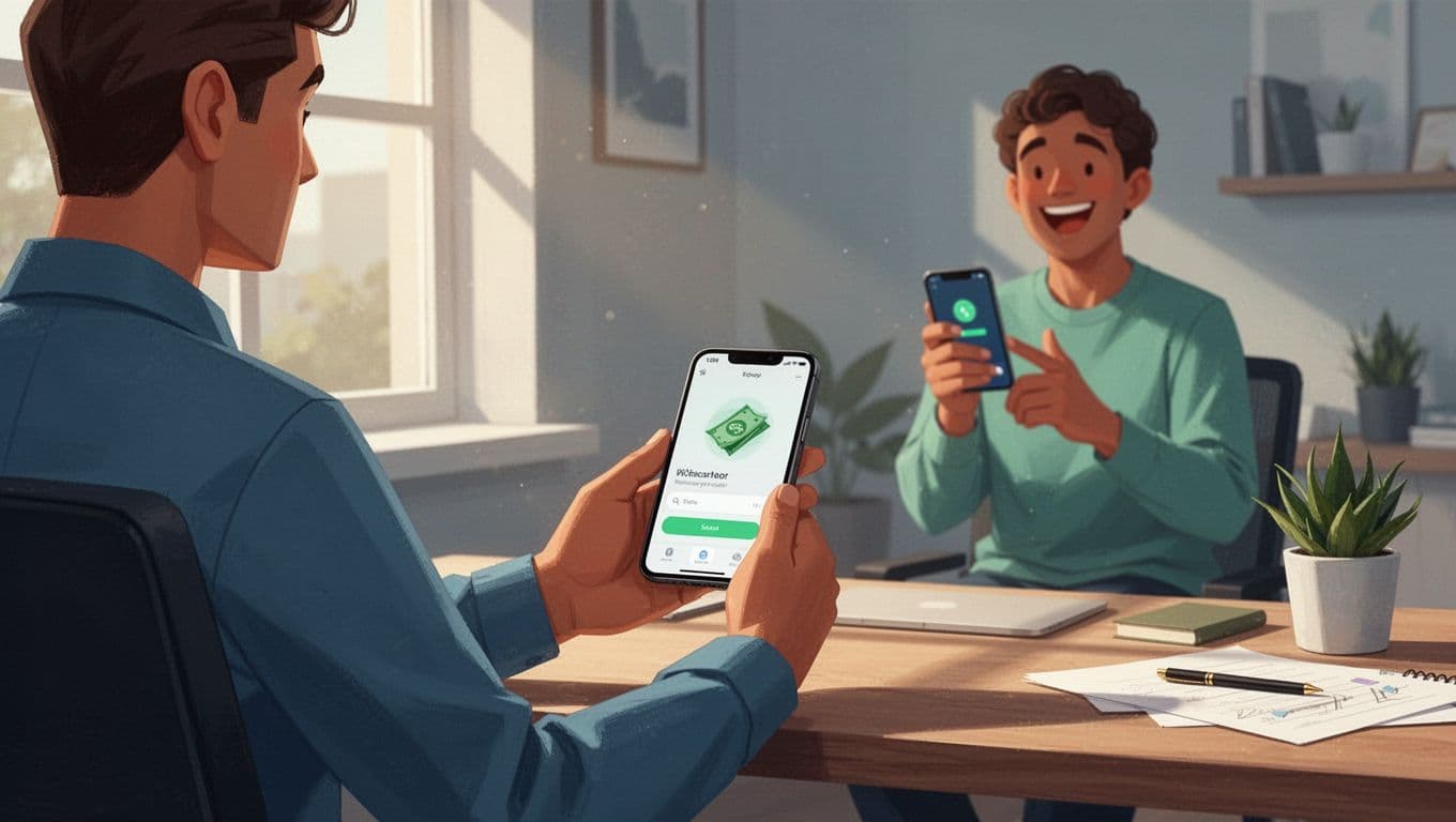 Person at desk holds phone showing blurred transfer to Mexico flag, happy recipient in background gets alert.