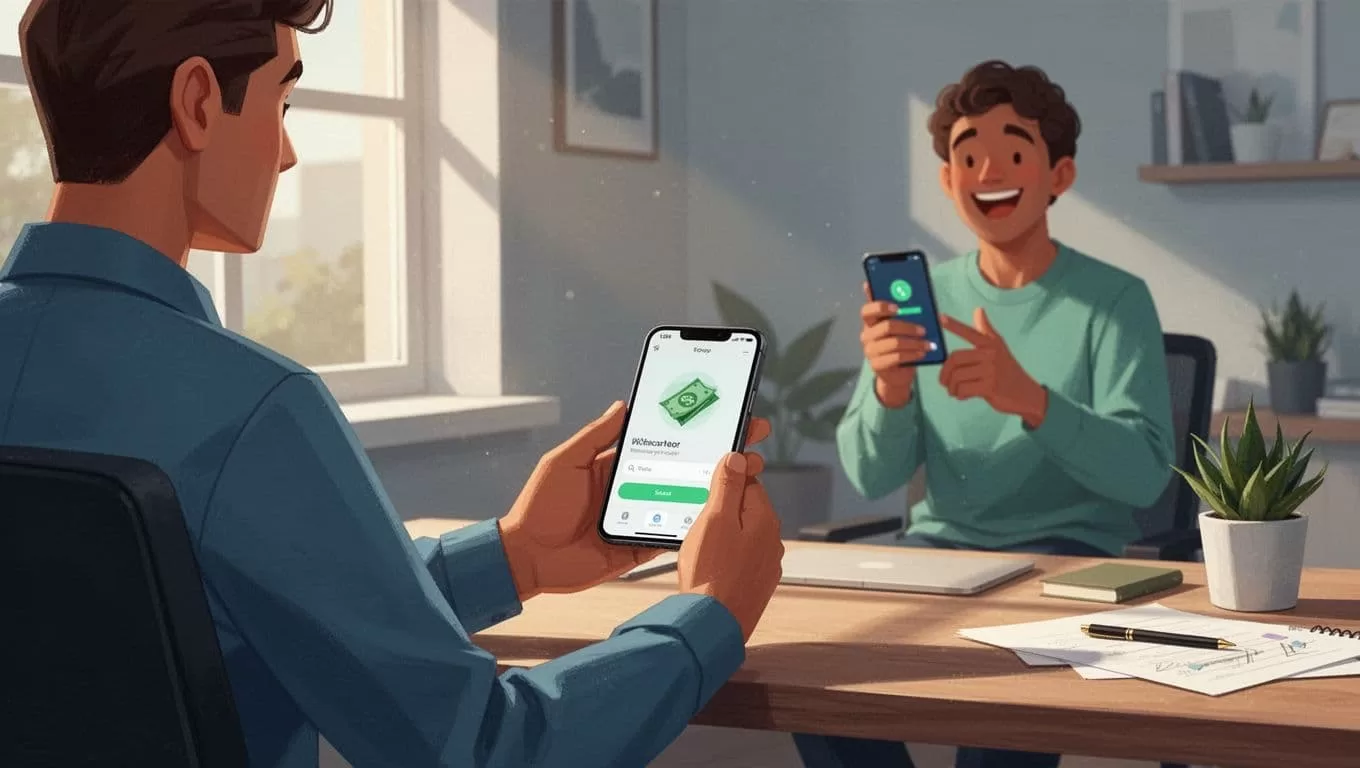 Person at desk holds phone showing blurred transfer to Mexico flag, happy recipient in background gets alert.
