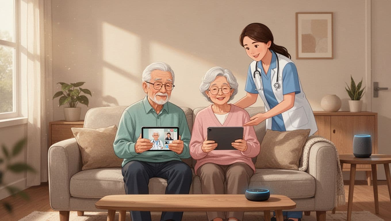 Senior couple in cozy living room using tablet for virtual doctor visit, assisted by caregiver amid modern smart home elements, warm illustration evoking comfort and connection.