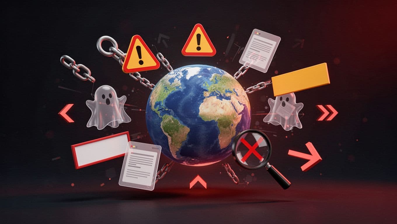 Modern illustration featuring warning icons like spammy backlinks chains, thin content ghosts, excessive ads, deindexation, and suspicious links floating around a central domain name on a clean dark background with red and orange accents.