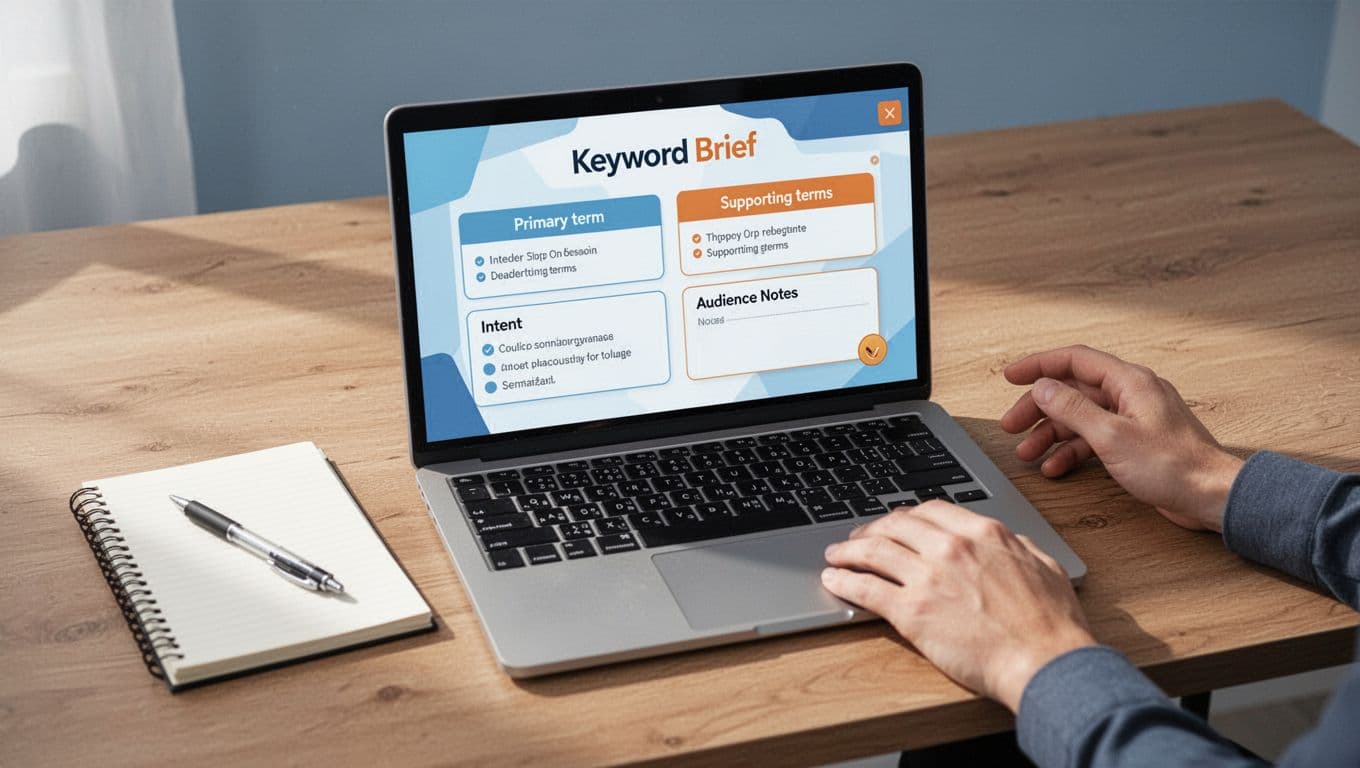 Modern illustration of a laptop screen displaying a structured keyword brief template with sections for primary keyword, supporting keywords, search intent, and audience notes, accompanied by a notebook and pen on a wooden desk with relaxed hands nearby.