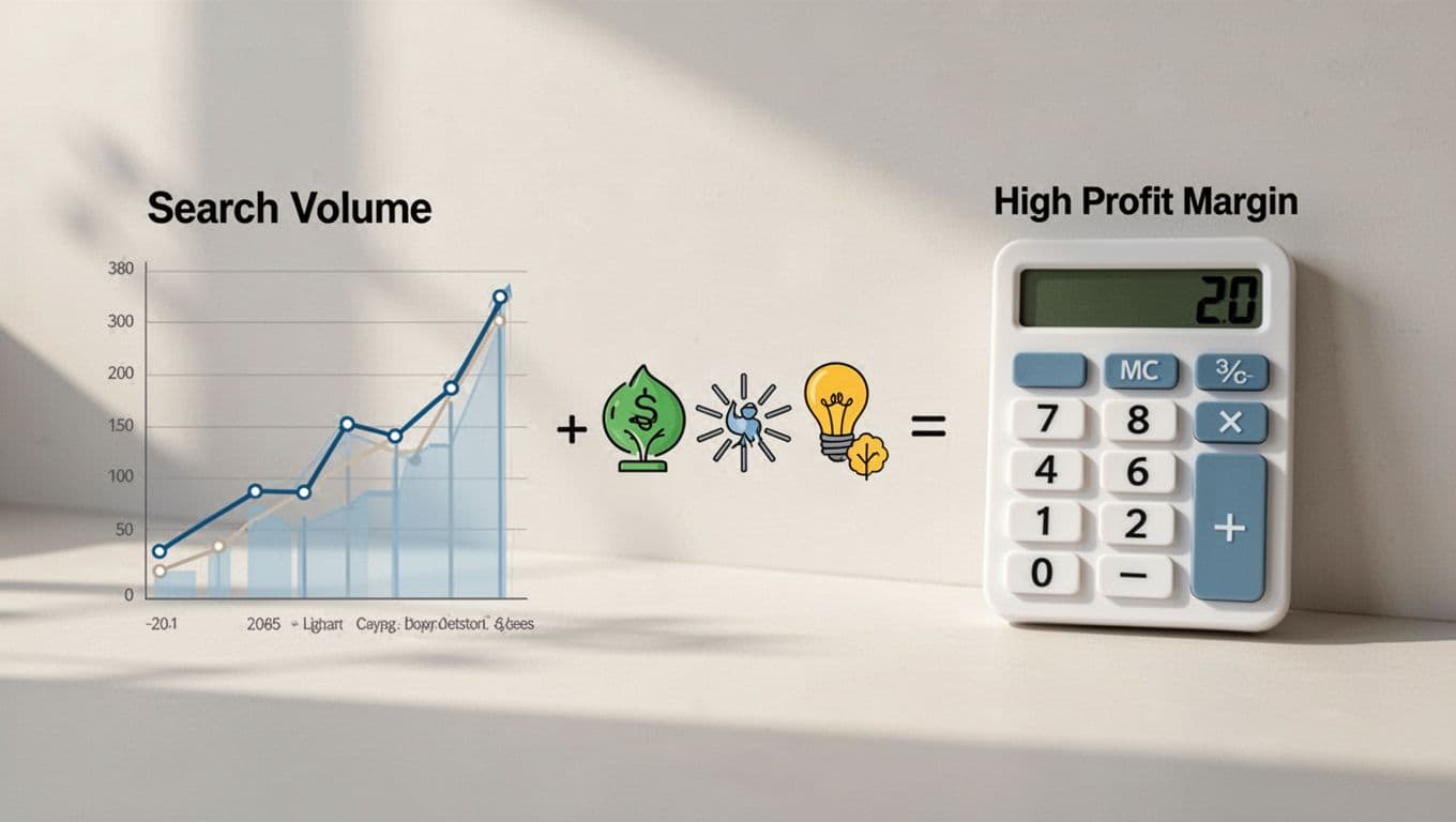 Illustration depicting validation metrics with a rising search volume graph on the left balanced against low competition icons and high margin calculator on the right, using a simple scales metaphor in clean modern style.