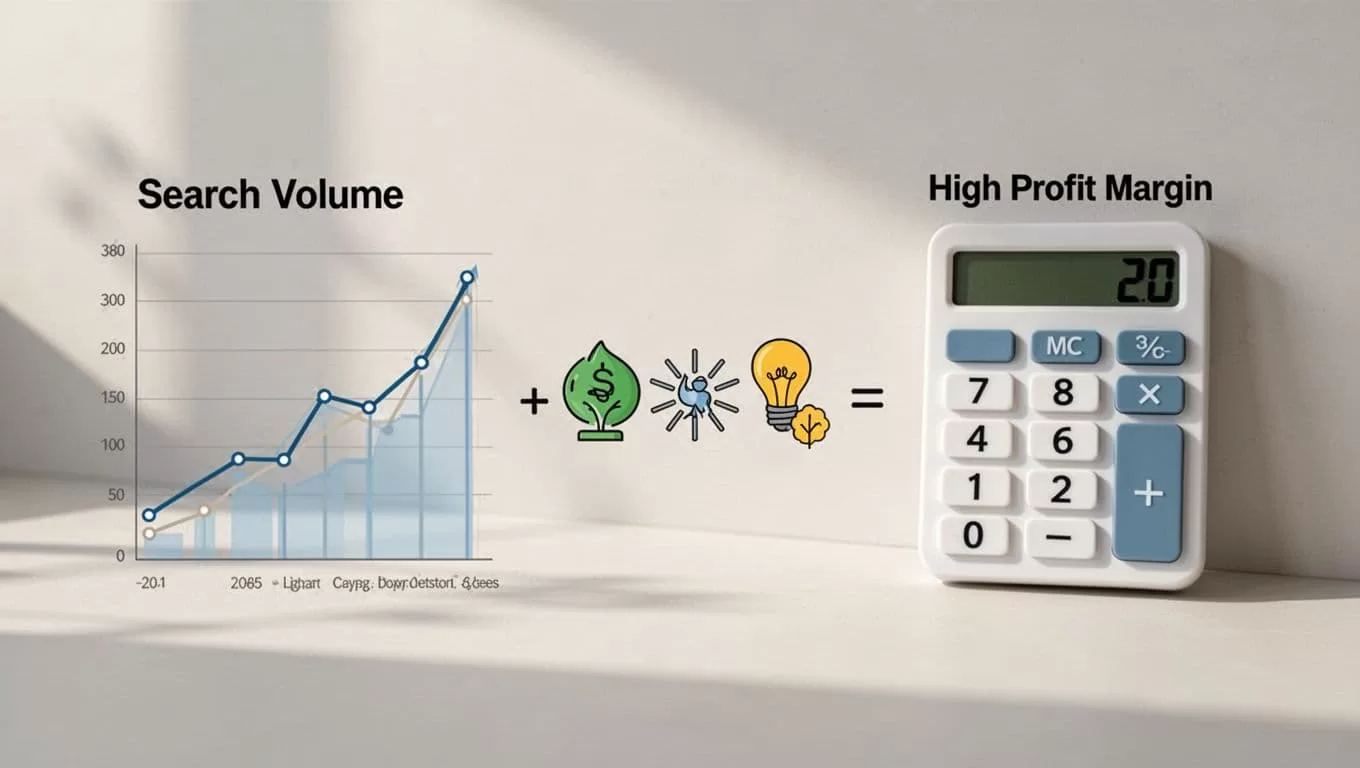 Illustration depicting validation metrics with a rising search volume graph on the left balanced against low competition icons and high margin calculator on the right, using a simple scales metaphor in clean modern style.