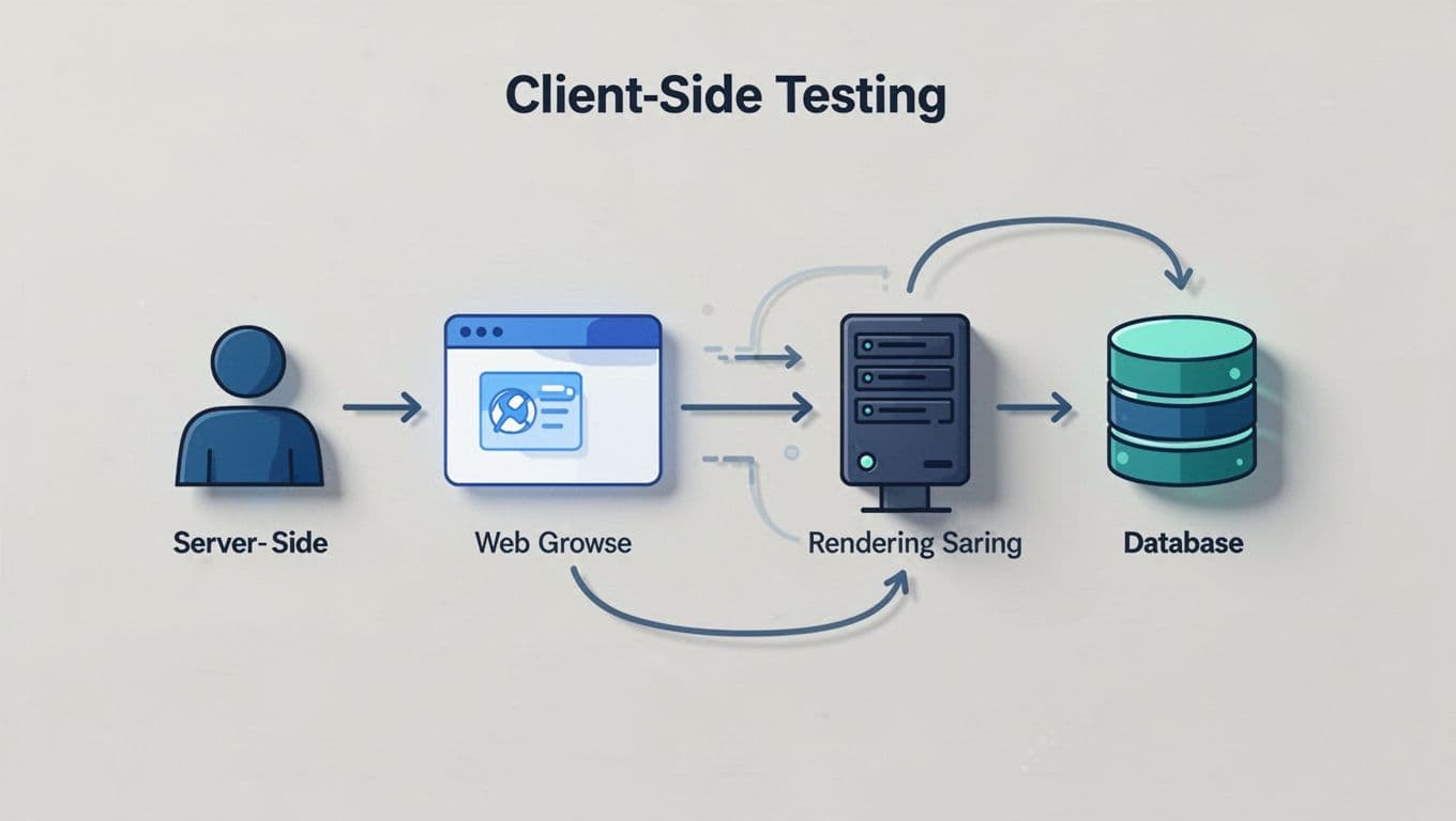 Modern illustration contrasting server-side and client-side testing flows with simple arrows from user to server rendering variants, featuring clean abstract icons for browser, server, and database in a balanced composition with soft lighting, neutral background, and blue-green palette.