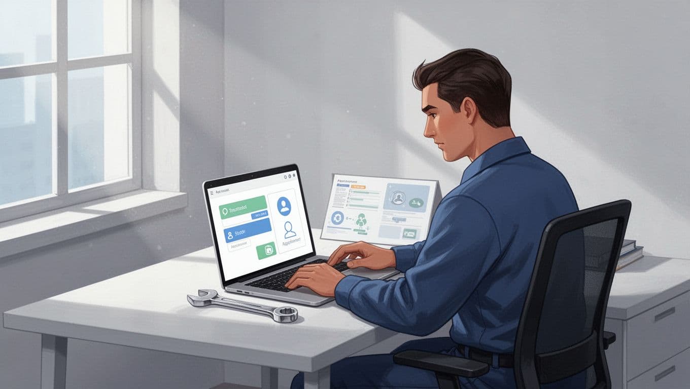 Modern illustration of a service business owner at a desk with laptop showing a simple CRM dashboard for scheduling appointments and customer contacts, in a clean office with tools nearby.
