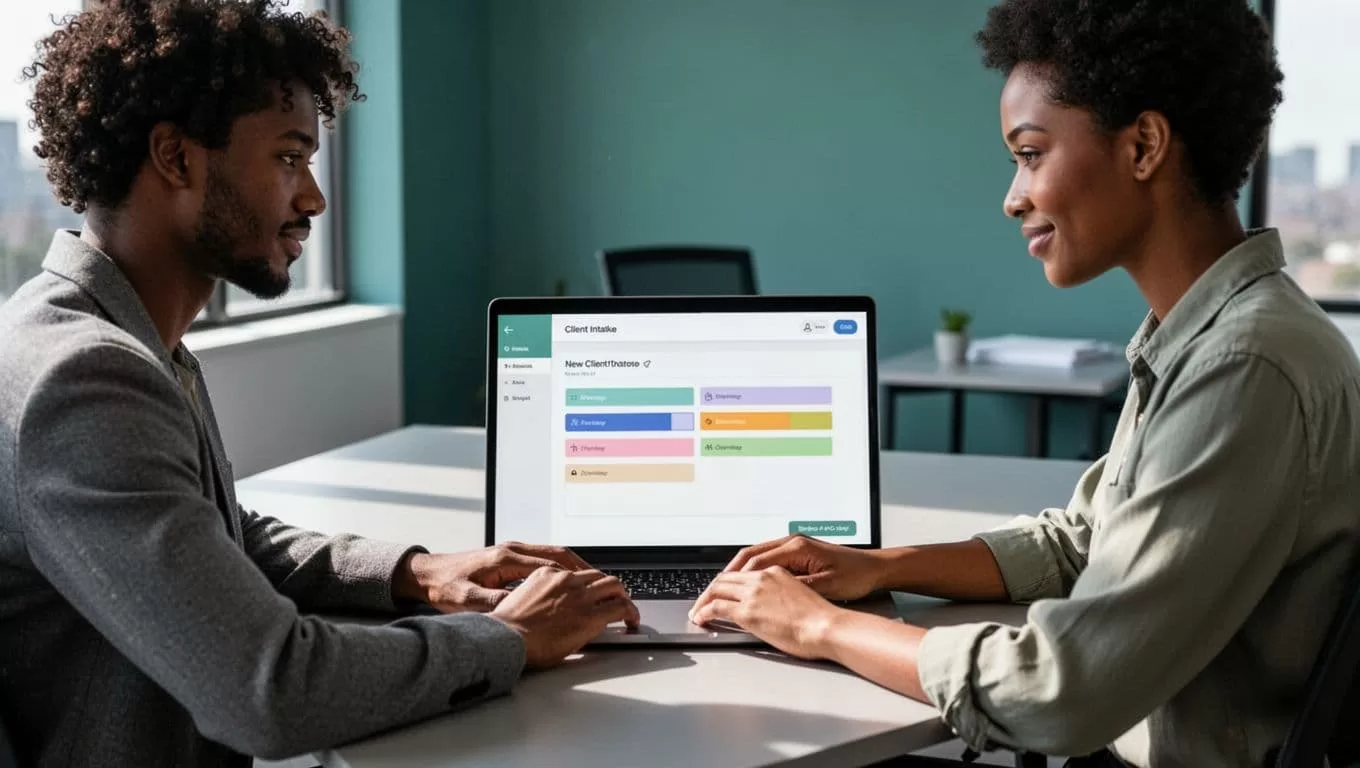 Modern illustration of a diverse service business team receiving a new client project request via a digital intake form on a laptop screen, featuring fields for project details, budget, and timeline in an office setting with clean blue-green palette.
