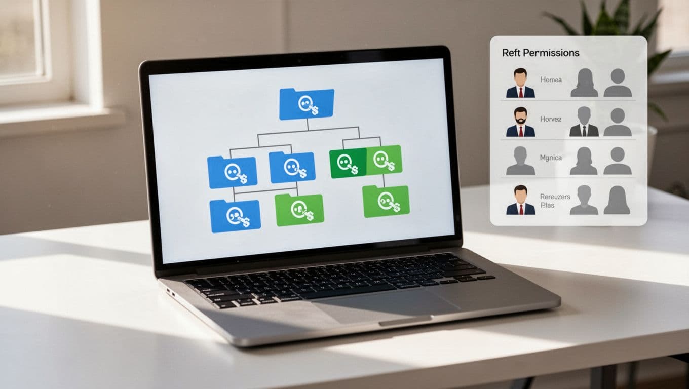 Modern illustration of a shared drive folder structure on a laptop screen displaying access levels like viewer, editor, manager, and team members list on a clean desk background.