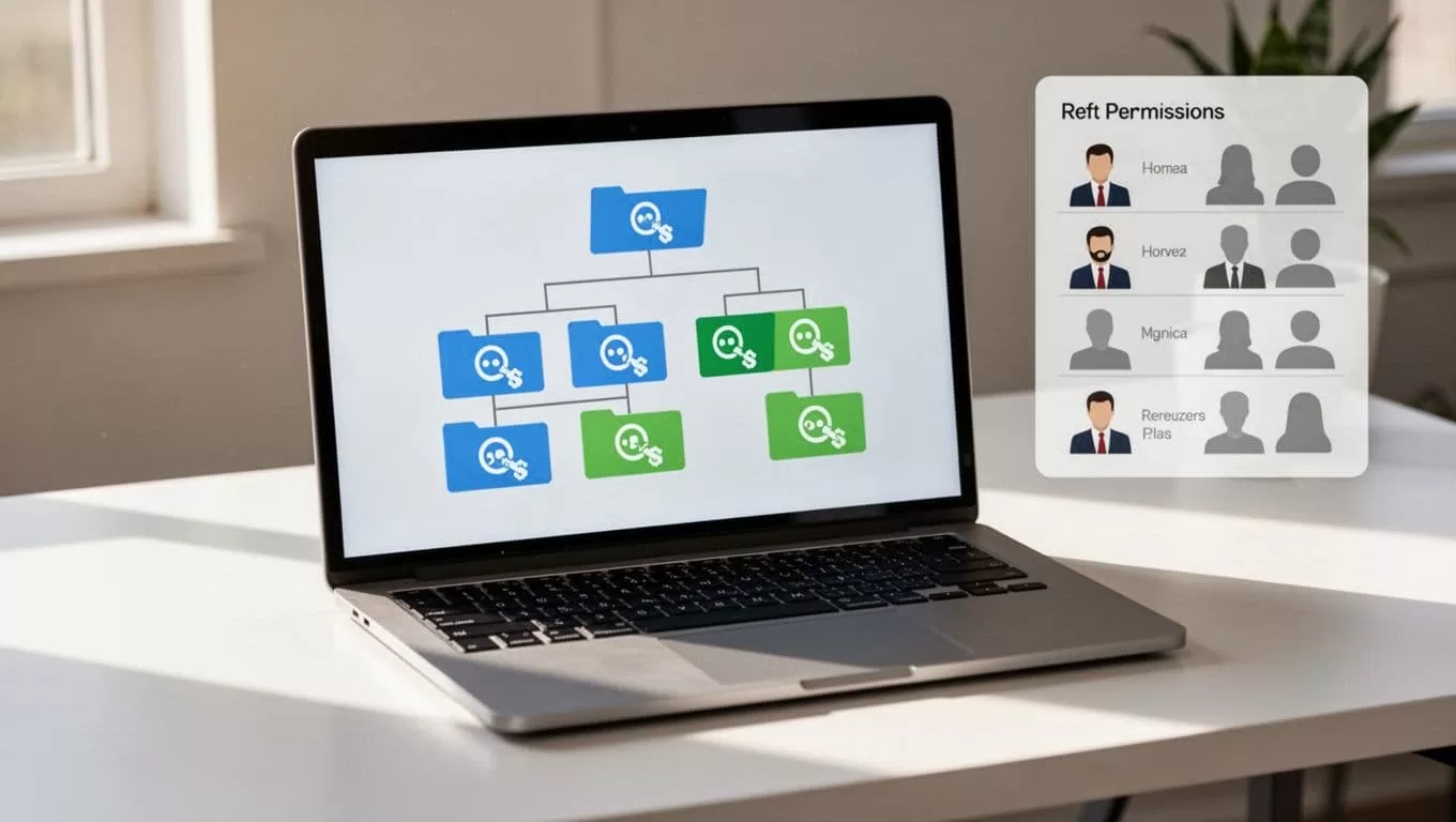 Modern illustration of a shared drive folder structure on a laptop screen displaying access levels like viewer, editor, manager, and team members list on a clean desk background.