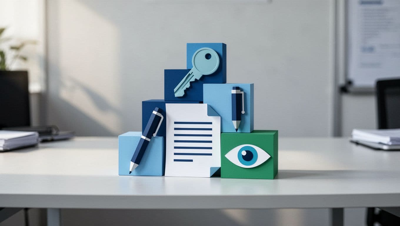 Modern illustration in blue and green tones depicting four shared drive permission levels as icons, Manager, Content Manager, Contributor, and Viewer, arranged in a pyramid on a desk surface with subtle office lighting.