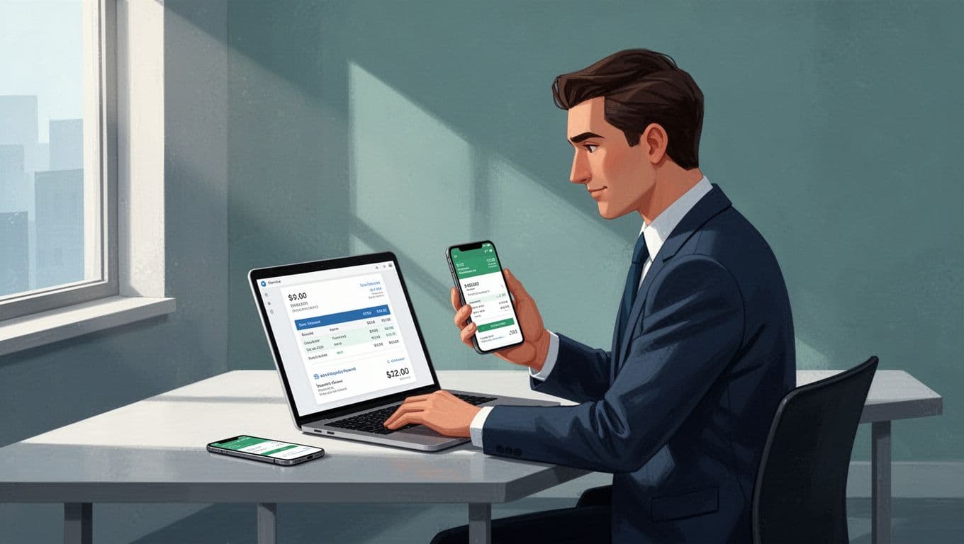 Modern illustration of a business person sending an invoice with Wise payment details to an overseas client via email in a simple workspace with laptop and phone.