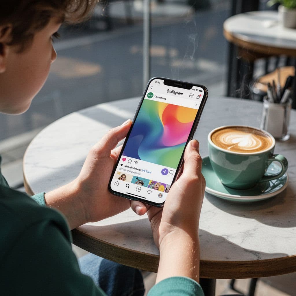 Modern illustration of a young shopper holding a phone displaying a social media feed with shoppable product posts, relaxed on a cafe table with coffee nearby.