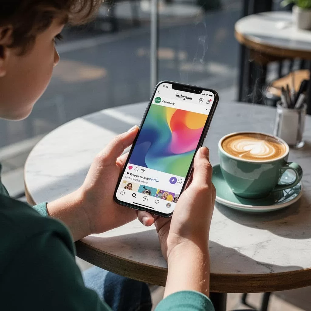 Modern illustration of a young shopper holding a phone displaying a social media feed with shoppable product posts, relaxed on a cafe table with coffee nearby.