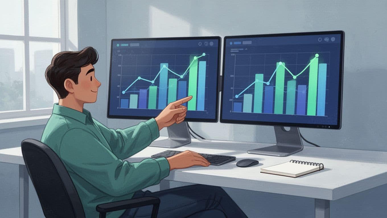 Modern illustration in cool blue-green palette depicting a person in a home office pointing at dual screens showing side-by-side bar charts comparing traffic metrics of two competitor websites, with a notepad on the desk, natural light, and clean composition.