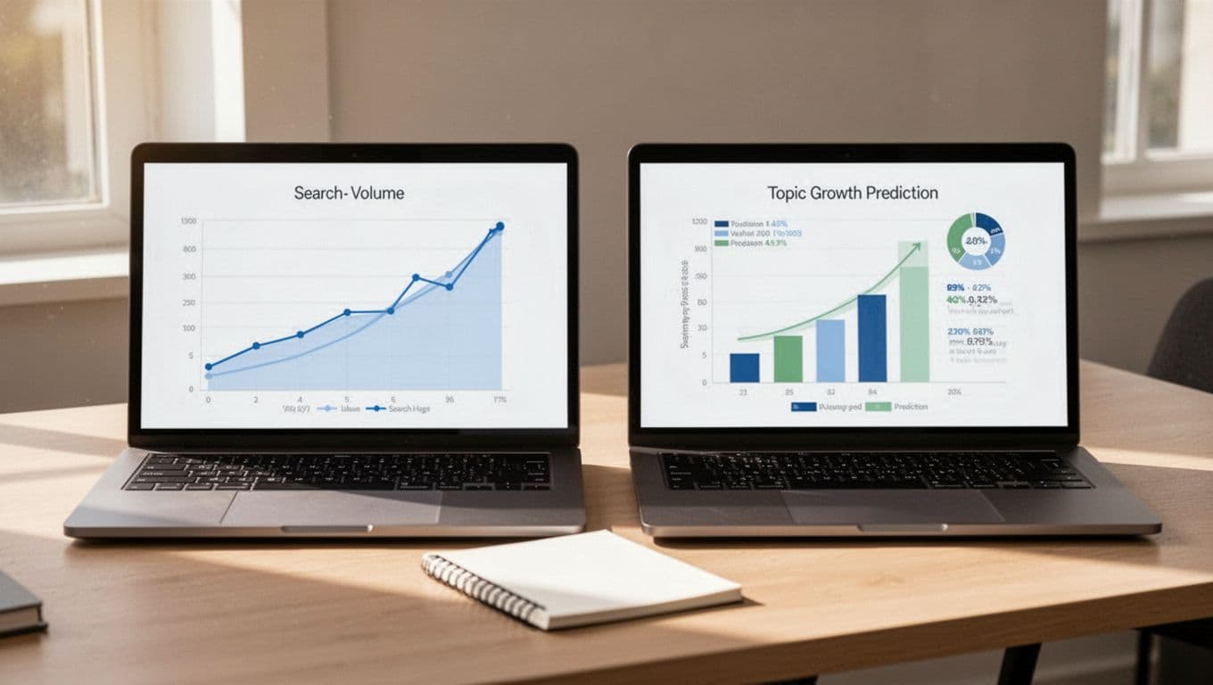 Modern illustration featuring two laptop screens side-by-side on a desk with a notepad; one screen shows a search volume graph, the other a topic growth prediction chart, in clean shapes, controlled colors, natural daylight, no people or text.