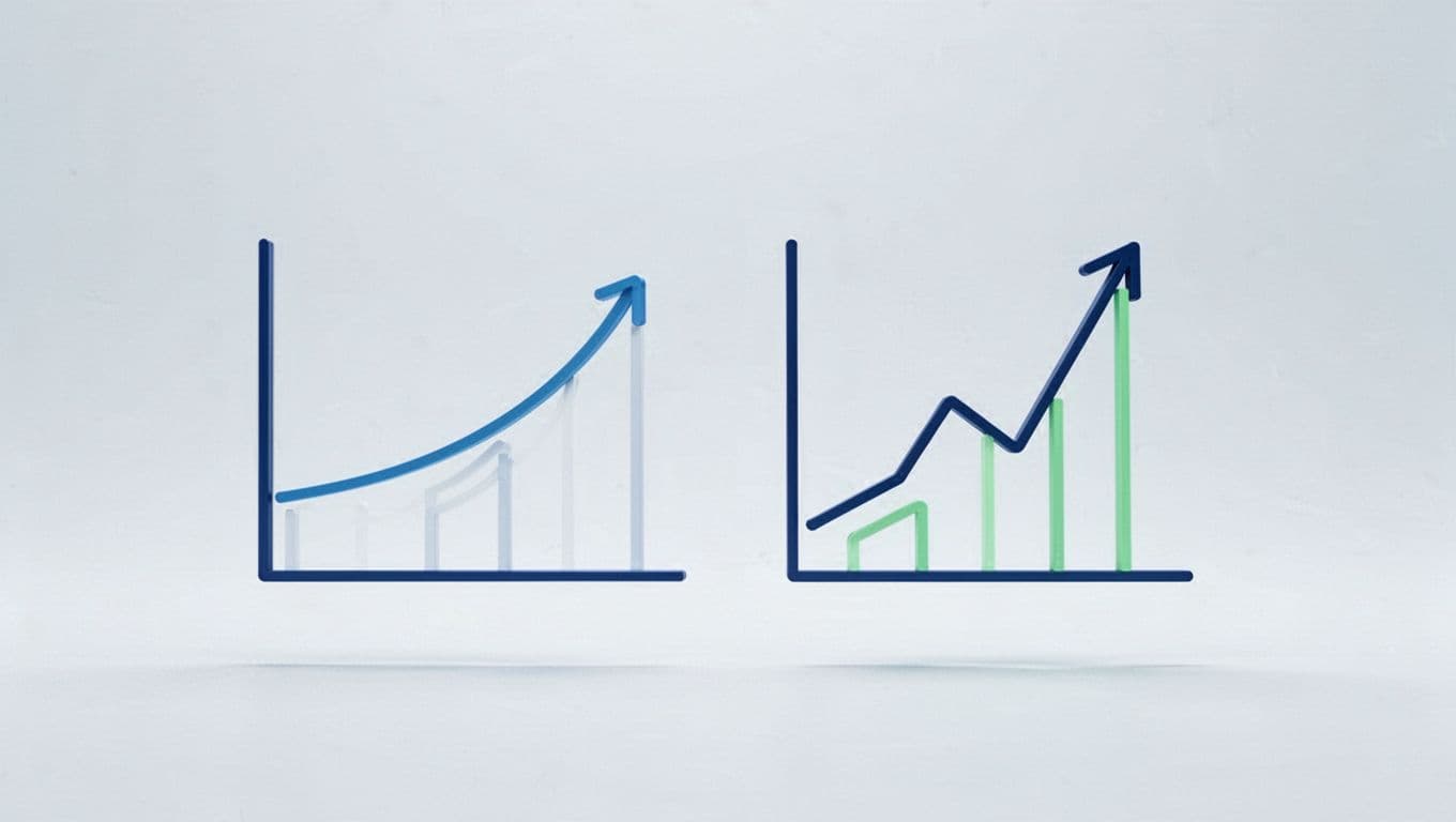 Modern illustration featuring two side-by-side line charts in blues and greens on a light background: the left chart shows a gradual rise, while the right depicts an explosive growth spike, with clean shapes and strong composition.