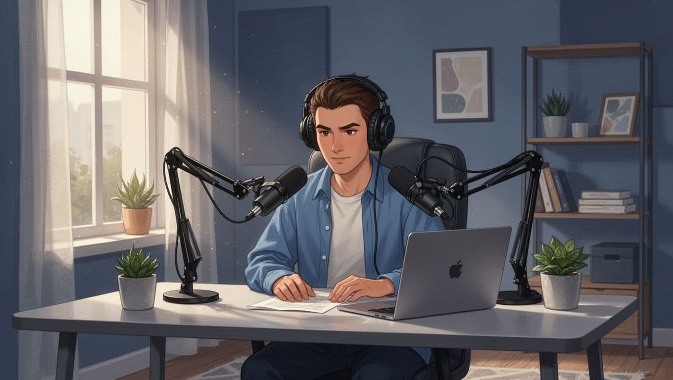 Podcaster sits at modern desk with microphone and laptop, headphones on, in cozy home studio.