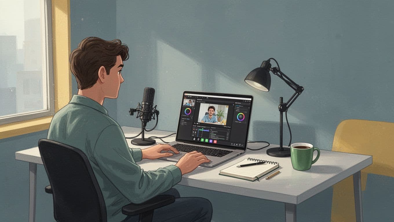 Modern illustration of one person at a clean desk in an office, facing a laptop with screen recording software open, external microphone on stand, notebook, coffee mug, relaxed pose, natural side lighting.