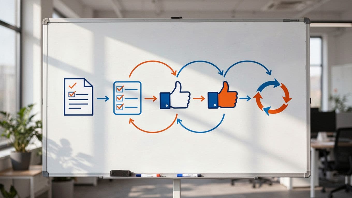 Modern illustration of a flowchart diagram on a whiteboard showing SOP review steps: draft, review, approve, publish, update log; with simple icons, clean shapes in blue and orange palette, blurred office background.