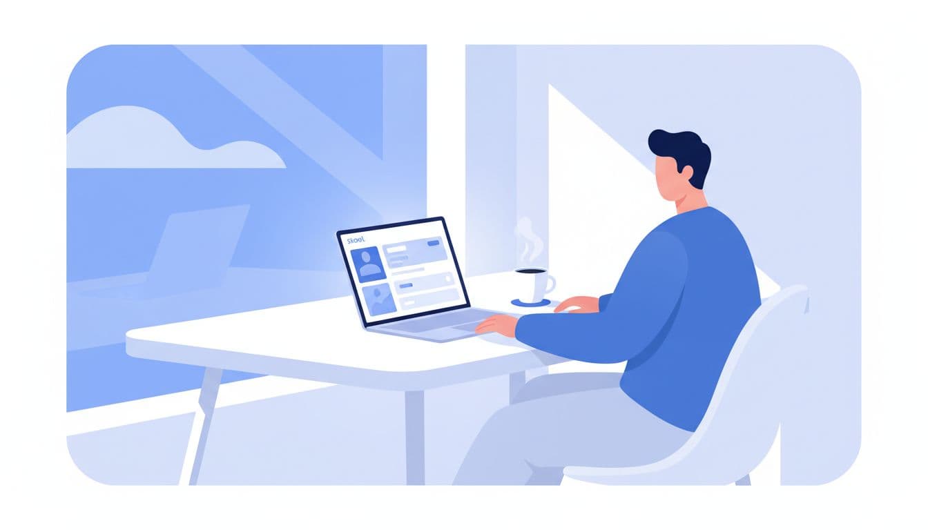 A relaxed creator sits at a modern desk with a laptop displaying the Skool community dashboard for pricing options, accompanied by a coffee mug and soft natural light from a window, in a clean modern illustration style using blues and whites.