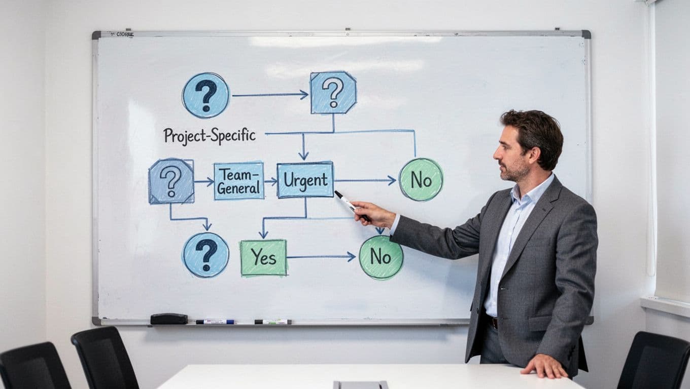 Modern illustration of a flowchart on a whiteboard in a small meeting room, depicting the decision process for creating a new Slack channel versus using an existing one, with simple icons, arrows, and one person pointing relaxed.